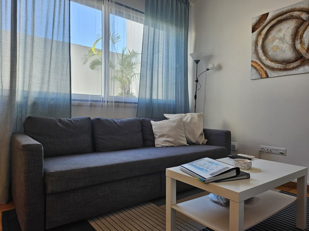 Bright living room with a gray sofa and beige pillows, blue sheer curtains framing a window with palm leaves outside, a white coffee table with a binder and remote, a floor lamp, and abstract wall art.”