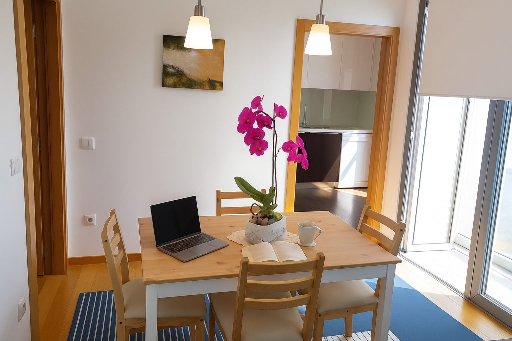 Dining table and workspace at a vacation rental in Figueira da Foz